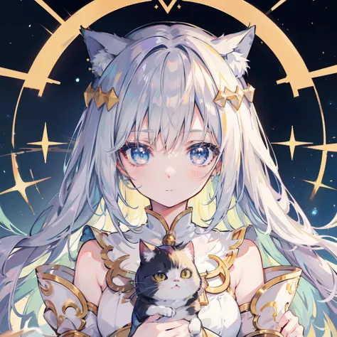 anime girl holding a cat in a golden frame with a starr background, goddess of space and time, Beautiful celestial mage, anime art nouveau cosmic display, Kawasi, goddess of galaxies, trending on cgstation, Kushatt Krenz Key Art Women, Detailed key anime a...