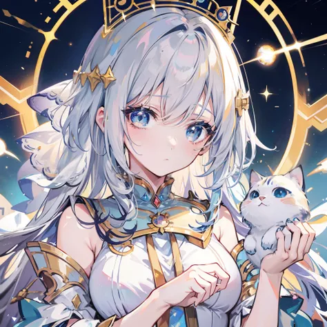 anime girl holding a cat in a golden frame with a starr background, goddess of space and time, Beautiful celestial mage, anime art nouveau cosmic display, Kawasi, goddess of galaxies, trending on cgstation, Kushatt Krenz Key Art Women, Detailed key anime a...