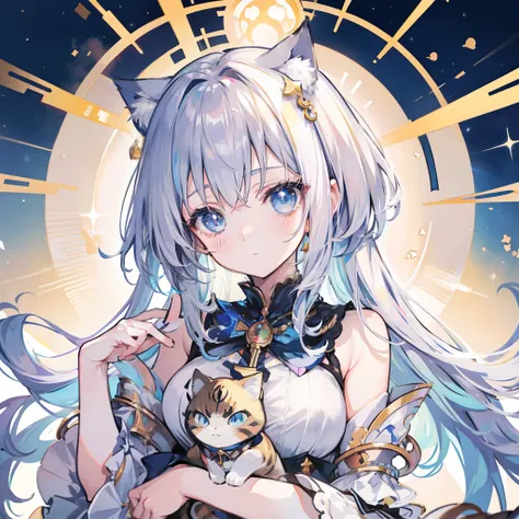 anime girl holding a cat in a golden frame with a starr background, goddess of space and time, Beautiful celestial mage, anime art nouveau cosmic display, Kawasi, goddess of galaxies, trending on cgstation, Kushatt Krenz Key Art Women, Detailed key anime a...