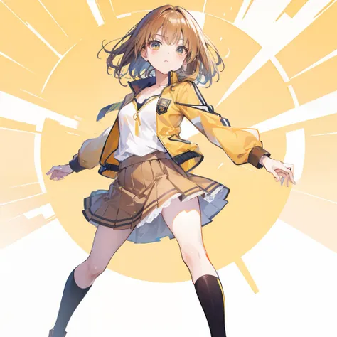 Anime full-body portrait in yellow jacket and brown skirt，Sunny weather background