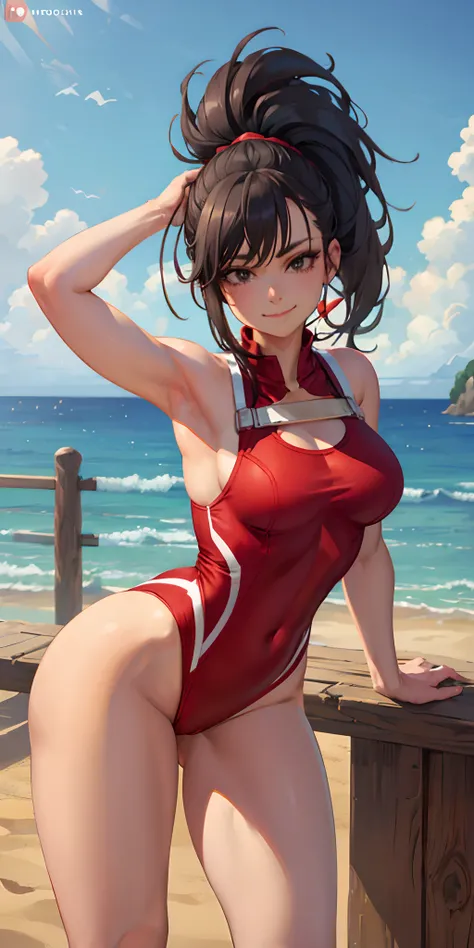 (masterpiece, best quality:1.2), cowboy shot, solo, 1girl, yaorozu momo, smile, closed mouth, look at the viewer, hands behind the head, squats, legs spread, red swimsuit