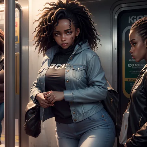 Beautiful black girl dressed in a jacket and jeans, curly hair, beautiful skin complexion, waiting for the subway train, photorealistic image, 8k, ultra HD, unreal engine rendered, cinematic lighting, artgerm style, revanimated, ghost mix, ultra detailed i...