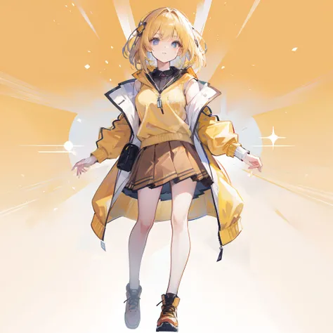 Anime full-body portrait in yellow jacket and brown skirt，Sunny weather background