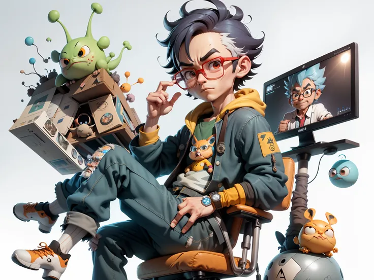 A young man with glasses sits at his desk，holding laptop，digitial painting，3D character design by Mark Clairen and Pixar and Hayao Miyazaki and Akira Toriyama，4K HD illustration，Very detailed facial features and cartoon-style visuals。