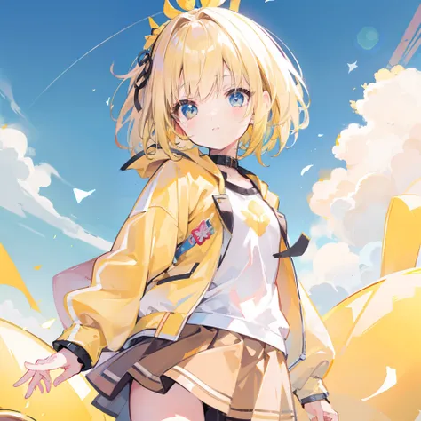 Cute little girl with short yellow hair in yellow jacket and brown skirt，Sunny weather background