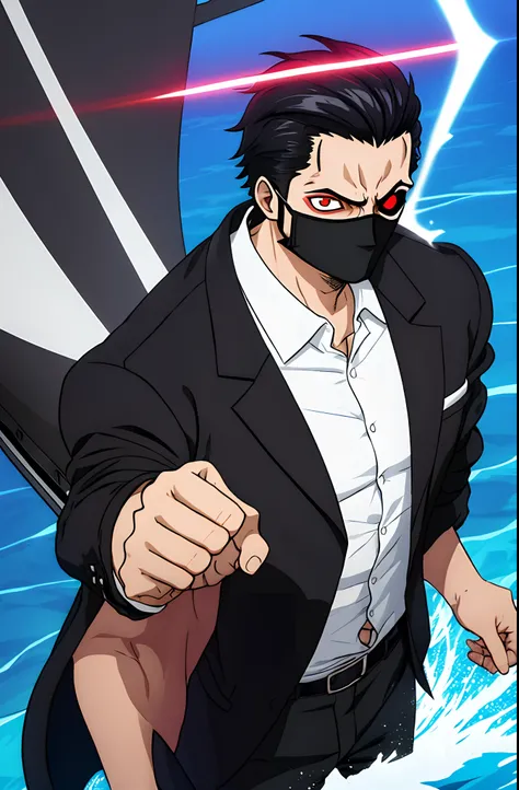 A male , with black Mask in his mouth , black jacket and white shirt , black hair , red eyes , ( have a black ClothMask) , HD , ( black jacket over a white shirt black) , muscle , in the sea , He has the power of control the time  , He has muscles , On the...