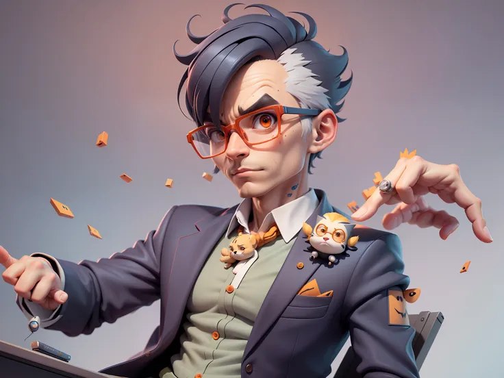 A young man in a suit, Short hair and glasses sat at his desk，holding laptop，digitial painting，tigre，3D character design by Mark Clairen and Pixar and Hayao Miyazaki and Akira Toriyama，4K HD illustration，Very detailed facial features and cartoon-style visu...