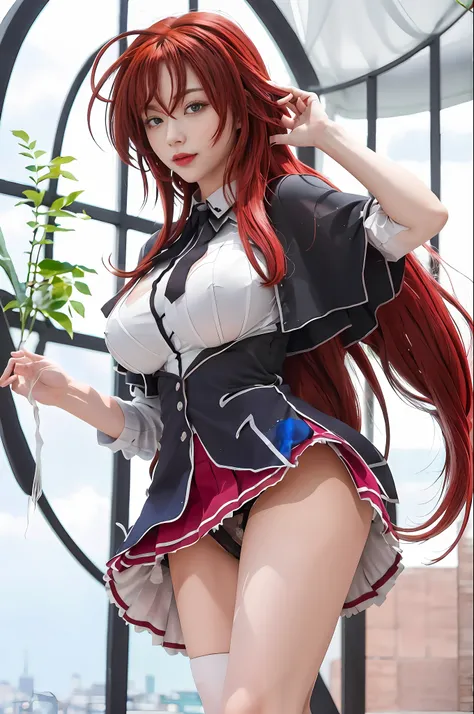 masterpiece, best quality, highres, best quality, highres, rias gremory, 1girl, long hair, fully unbottened school uniform, red hair, ahoge, blue eyes, large breasts, very long hair, breasts, see through bra, skirt, see through panties, huge ahoge, garterb...