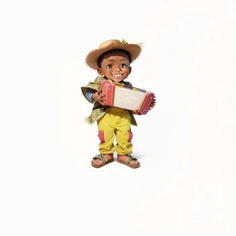 "Turn the image into a portrait of an adorable and lively black boy, with African facial features. Hes radiant, sorrindo e celebrando, cheio de alegria e felicidade, roupa de festa junina, Leave your hands well detailed, The boy must have an accordion in h...