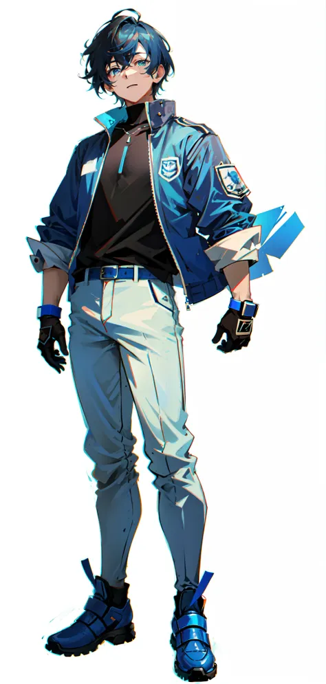 anime character with a black jacket and white pants, official character art, full portrait of electromancer, official character ...