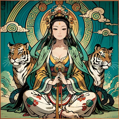 an ancient Chinese goddess, guanyin of the southern seas, Guanyin, Inspired by India, Avalokiteshvara rides a tiger，,Serene expression,shui mo hua,Buddha,Buddhist,Lotus,Chinese painting style,Thangka style