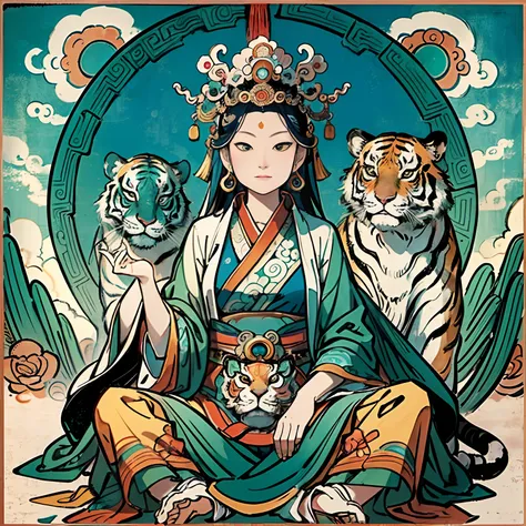 an ancient Chinese goddess, guanyin of the southern seas, Guanyin, Inspired by India, Avalokiteshvara rides a tiger，,Serene expression,shui mo hua,Buddha,Buddhist,Lotus,Chinese painting style,Thangka style