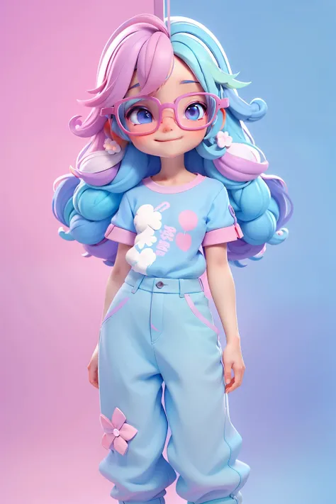 Loli multicolorida, Fofa, romantic nerd style, delicate and elegant glasses, moleton, capuz, Camiseta, Pants, pastel shades blue and lilac, multicolorido, sorriso meigo e delicado,  corpo inteiro, olhos delicados e  cabelos multicolor, fundo simples e bran...