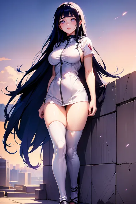 hinata hinata，white color hair，battle angel costume，white eyes，bigboobs，sky background image，blacksilk，whole body diagram，beauti...