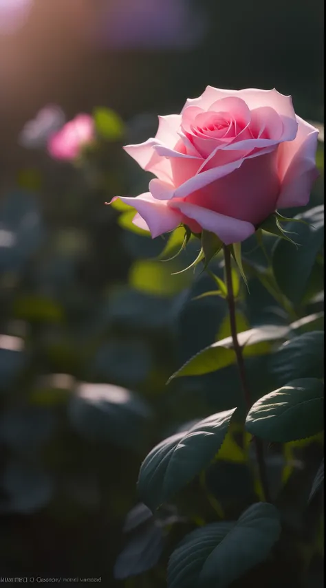 A pink rose grows among the bushes in the garden, Pink rose, roses in cinematic light, pink rosa, rose twining, photo of a rose, anna nikonova, with soft pink colors, photo taken with canon 5d, soft light 4 k in pink, taken with a pentax k1000, Incredibly ...