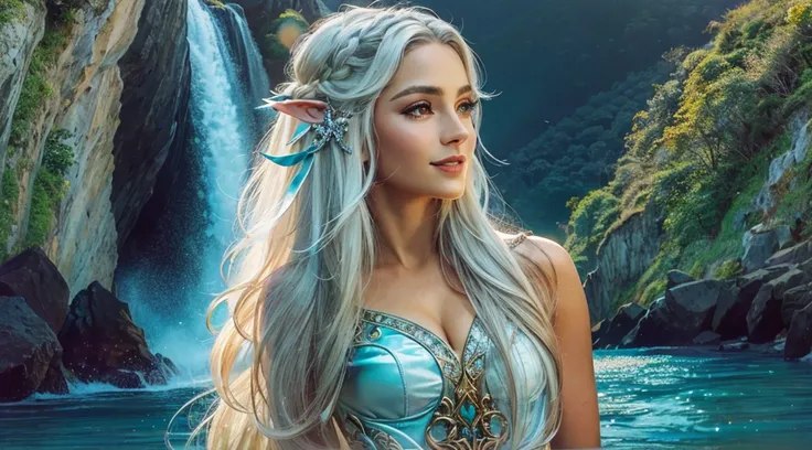 Apenas 1 mulher arafed em um vestido azul claro com uma cachoeira no fundo, corpo inteiro, muito bonito Top model do Rio de Janeiro, Handsome elven character with smile, Elven princess with long black hair, beautiful elven princess, Elven Queen Galadriel, ...