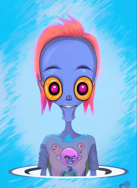 cartoon alien with pink hair and orange eyes standing in a hole, alien girl, female alien, happy female alien, portrait of a space alien, acid pixie, alien like, upper body avatar, alien portrait, portrait of a humanoid alien, portrait of an alien, alien l...