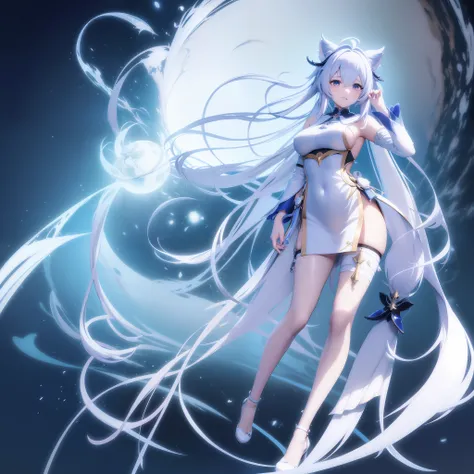 Anime - a style image of a woman with long white hair, white-haired god, Anime goddess, render of a cute 3d anime girl, 8K high quality detailed art, azur lane style, 《azur lane》role, A scene from the《azur lane》videogame, 8k octae render photo, 3 D renderi...