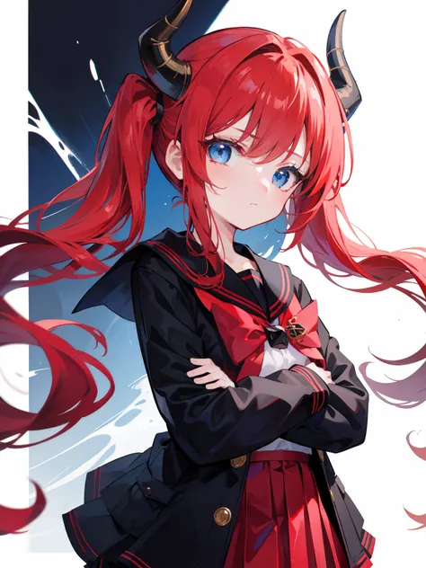 red hair, blue eyes, twintails, Sailor suit,black coat, Dragon horns,Pleated skirt,solo,loli,cute,bow