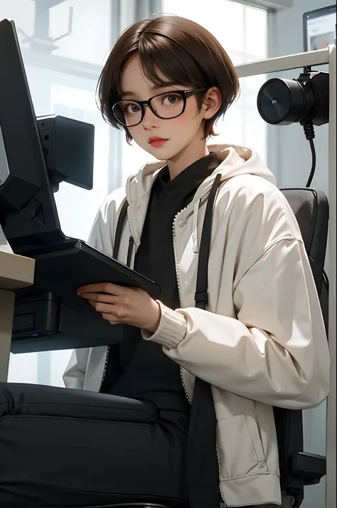 Brother, gentle, cute, boy, brunette glasses, science, computer science, short hair