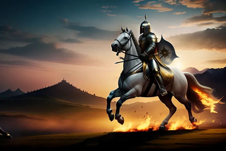 panoramic view, full scene, full body, dark lighting, frontal vision, dark lighting, a knight rides a white horse that runs, wears light armor and his helmet covers his face, having a golden crown on the top of his head, the rider wields a bow in his right...