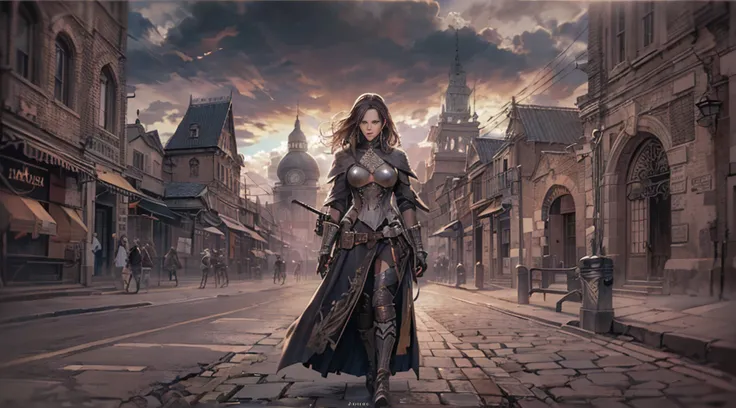 1 female full body, ((Kate Beckinsale)), in a witch hunter style outfit, [Tauromaquia: 1.8], roupas steampunk vitorianas, (((leather breastplate))), ((quadro de filme ainda) ) , a steampunk city in the background Cinematic, textura natural da pele, 24 mm, ...