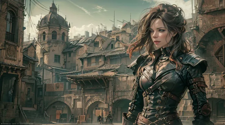 1 female full body, ((Kate Beckinsale)), in a witch hunter style outfit, [Tauromaquia: 1.8], roupas steampunk vitorianas, (((leather breastplate))), ((quadro de filme ainda) ) , a steampunk city in the background Cinematic, textura natural da pele, 24 mm, ...