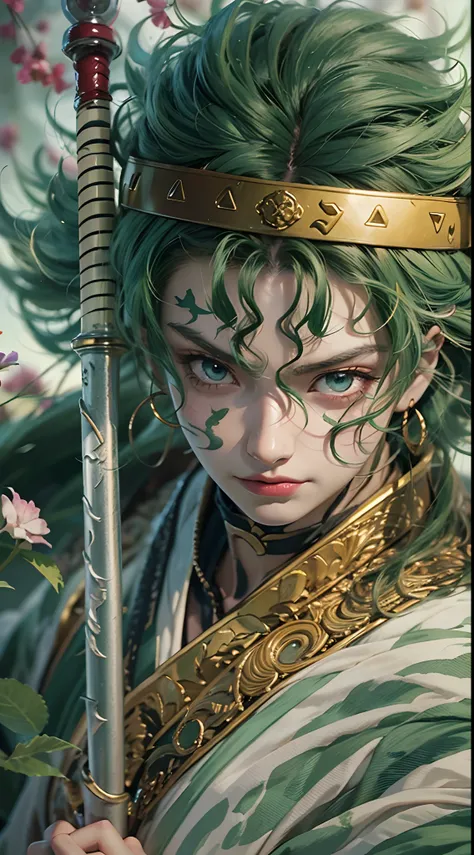 Personaje de anime con cabello verde con cicatriz en el ojo izquierdo sosteniendo 3 espadas 1 con la boca,kimono,japones,espadas legendarias japonesas,3 pendientes de oro, Roronoa Zoro, de una sola pieza, Ilustraciones HD, Chico guapo en el arte de Demon S...