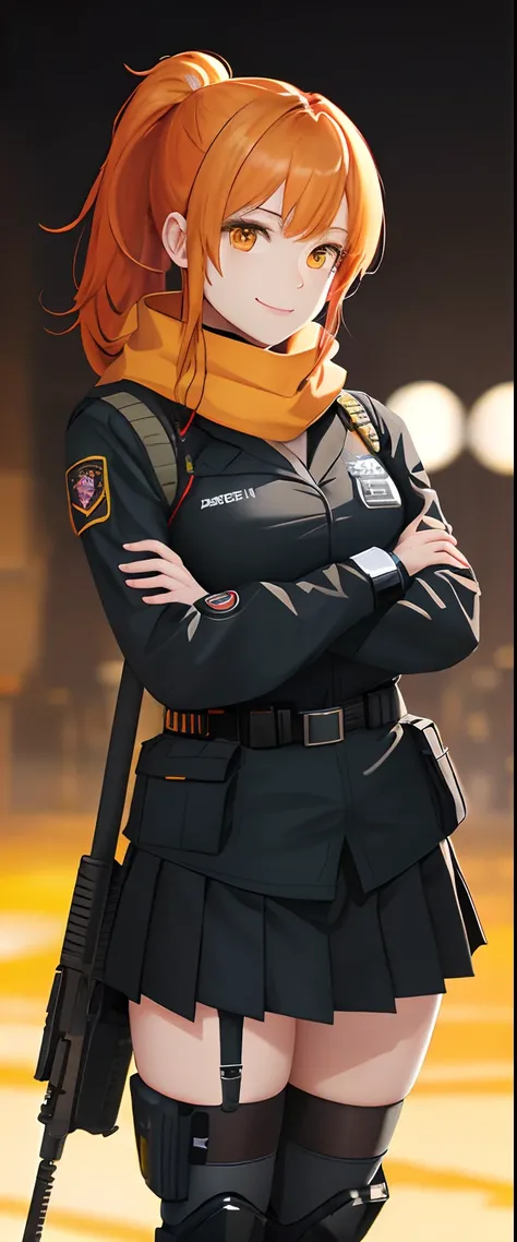 (masterpiece:1.2), (best quality:1.2), (ultra highres:1.2) ,(8k resolution:1.2),(sweet smile: 1.2),
sci-fi,girls frontline,near future,doomsday survival,
1 woman,orange hair tied ponytail , orange eyes ,
Armed with an assault rifle, Wearing a Black heavy m...