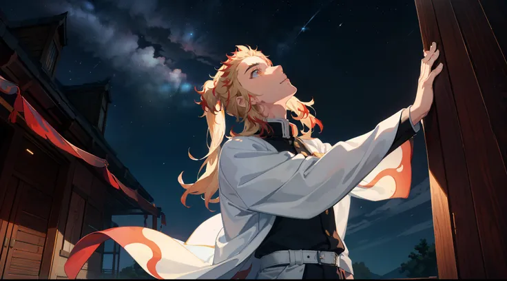 (Masterpiece, Best Quality:1.2), Cowboy shot, 独奏, male focus, 1 adult boy, Rengoku Kyojuro, ssmile, looking a viewer,  Long hair, high ponytail, Split eyebrows, white kimono with red print, full length, (((looking up at the sky))), (((Starry sky))), flower...