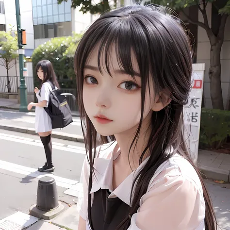 masutepiece, Hyper realistic, 8K, Bokeh, Fire Luminescent,hi-school girl、in school uniform、Cute face、Standing on a street corner in Shibuya、