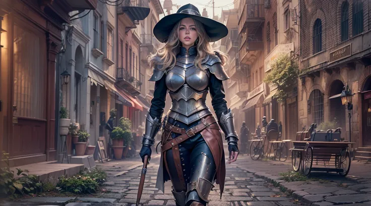 1 female full body, ((Kate Beckinsale)), in a witch hunter style outfit, [Tauromaquia: 1.8], roupas steampunk vitorianas, (((leather breastplate))), ((quadro de filme ainda) ) , a steampunk city in the background Cinematic, textura natural da pele, 24 mm, ...