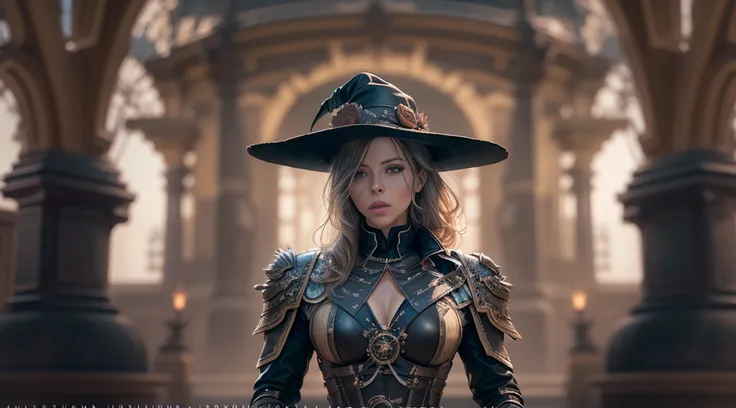 1 female full body, ((Kate Beckinsale)), in a witch hunter style outfit, [Tauromaquia: 1.8], roupas steampunk vitorianas, (((leather breastplate))), ((quadro de filme ainda) ) , a steampunk city in the background Cinematic, textura natural da pele, 24 mm, ...