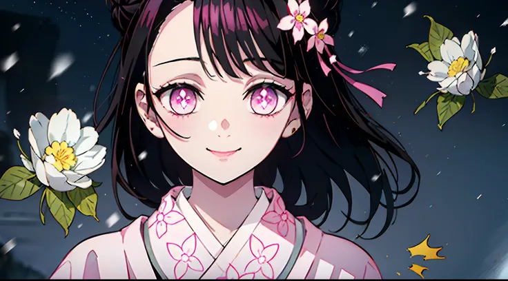 Kimetsu no Yaiba style, 1girl, 独奏, Smile, pink eyes, white pupils in the shape of flowers, black  hair, hair gathered in a bun, Fastened with a stud,  pink kimono, Obi Belt,   ((portraite of a)), snowing, Drifts, dark sky, Snowflakes fall, (tmasterpiece), ...