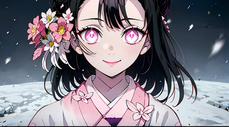 kimetsu no yaiba style, 1girl, 独奏, smile, pink eyes, white pupils in the shape of flowers, black  hair, hair gathered in a bun, ...