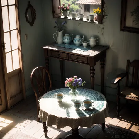 Dilapidated and shady houses，square table，Covered with patterned tablecloths，Delicate ceramic mugs with bright colors, Ceramic bowl, Ceramic bottle on the table，A few bouquets of flowers，Vivid and beautiful，Sunlight shining on the table from outside the ho...