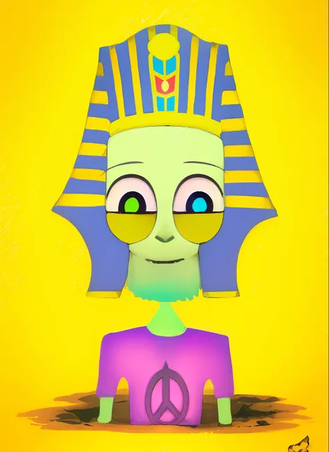 desenho animado de um alienigena , desenho animado, com uma camiseta com o sinal de paz, Pharaohs hat, Egito Deus, Fantasy in Pharaohs Head, Nefertiti, , pharaon, ancient alien, egypt themed art.