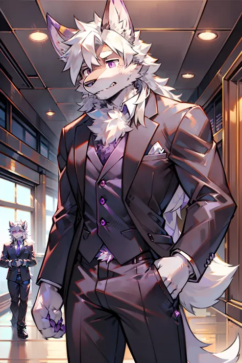 solo person，shaggy male，hairy bodies，shoun，coyote，canid，grey fur，Long white hair，The ends of the hair are purple，Purple eye，Bind your hands，Bullied，adolable，Handsome，large tail，full bodyesbian，Business suit，in company，Pushed down