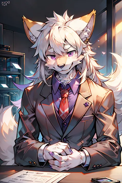 solo person，shaggy male，hairy bodies，shoun，coyote，canid，grey fur，Long white hair，The ends of the hair are purple，Purple eye，Bind your hands，Bullied，adolable，Handsome，large tail，full bodyesbian，Business suit，in company，Pushed down