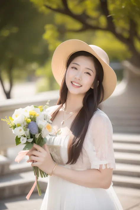 An Arad woman in a white dress and hat holds a bouquet of flowers, A young Asian woman, Young Asian woman, photo of young woman, Young Asian girl, An Asian woman, a cute young woman, mai anh tran, Holding flowers, photo taken with canon 5d, Chinese girl, x...