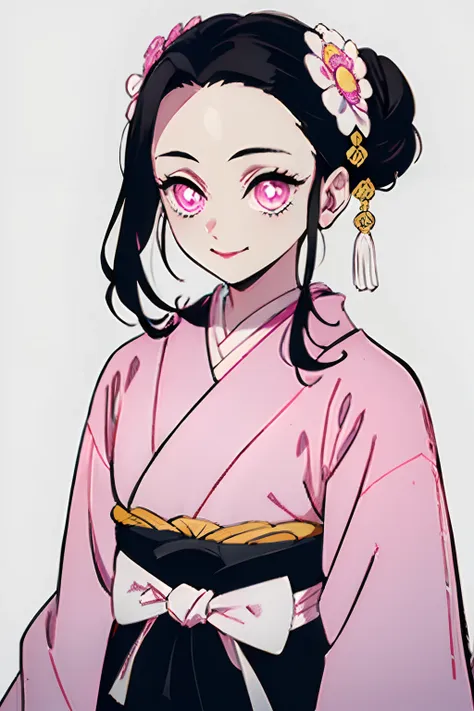 kimetsu no yaiba style, 1girl, 独奏, smile, pink eyes, white pupils in the shape of flowers, black  hair, hair gathered in a bun, ...