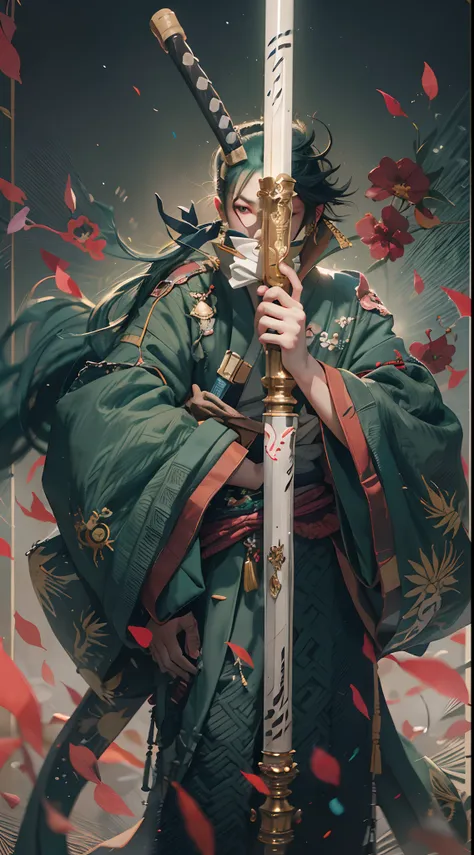 Personaje de anime con cabello verde con cicatriz en el ojo izquierdo sosteniendo 3 espadas 1 con la boca,kimono,japones,espadas legendarias japonesas,3 pendientes de oro, Roronoa Zoro, de una sola pieza, Ilustraciones HD, Chico guapo en el arte de Demon S...