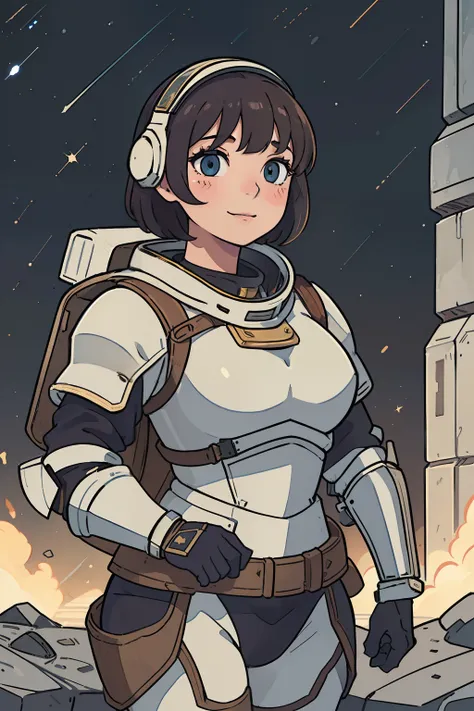 professional artwork, detailed eyes, beautiful eyes, beautiful face, flawless face, gorgeous face, smooth features, large breasts, thick thighs, wide hips, blush, short hair, unhelmeted head, beautifully detailed background, woman in armored space suit hol...