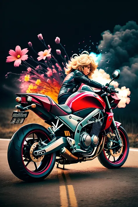 motorcycle,flower,character,Chibi,real,art, explosion,
yang08k, photography, beautiful,  colorful,realistic,
masterpieces, top quality, best quality, official art, beautiful and aesthetic,