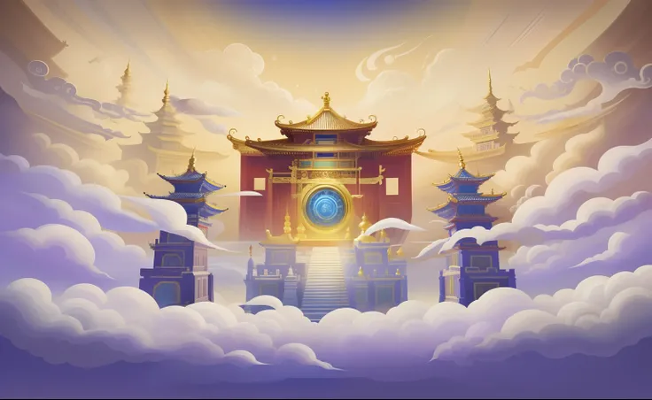 there is a painting of a building with a clock in the middle, cloud palace, light kingdom backdrop, temple background, background art, palace background, background depicting a temple, g liulian art style, flying cloud castle, palace floating in heaven, ba...