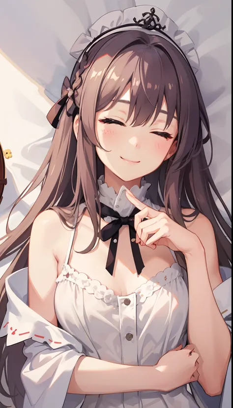 1girl in、A smile、A delightful!　Cute white dress、fluffly、dressing gown、（small tits）、Sleeping in large letters、Upper body portrait、