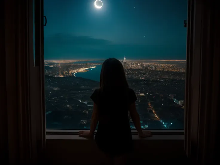 Using vivid imagery, create a captivating scene of a girl gazing through the darkness of her bedrooms large window at night. Illuminate the room with a faint glow from the moon or distant city lights, allowing subtle details to emerge from the shadows. Exp...