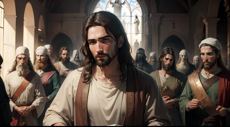 Create a realistic picture of Jesus Christ with the apostles.