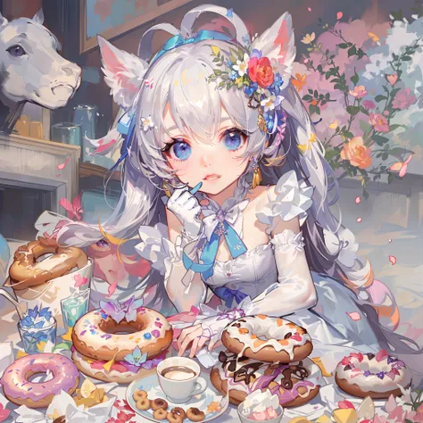 1 girl, Pale skin, Purple eyes, eyebrow, Ear, Lips, short blouse, Colorful hair，dual horsetail，Bow hair ornament，There are flowers on the head，Naughty，Confectionery，having fun，rejoice，All kinds of sweets，donut，