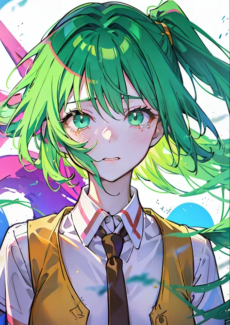 1girl, pony tail, green hair, (Long hair), Green eyes, school uniform, shirt with collar, red tie, yellow waistcoat, open vest, tears on my face, (tmasterpiece), (beste-Qualit), (overdetalization),(messy  hair),(illustartion), (a 1girl), (trendy clothes), ...